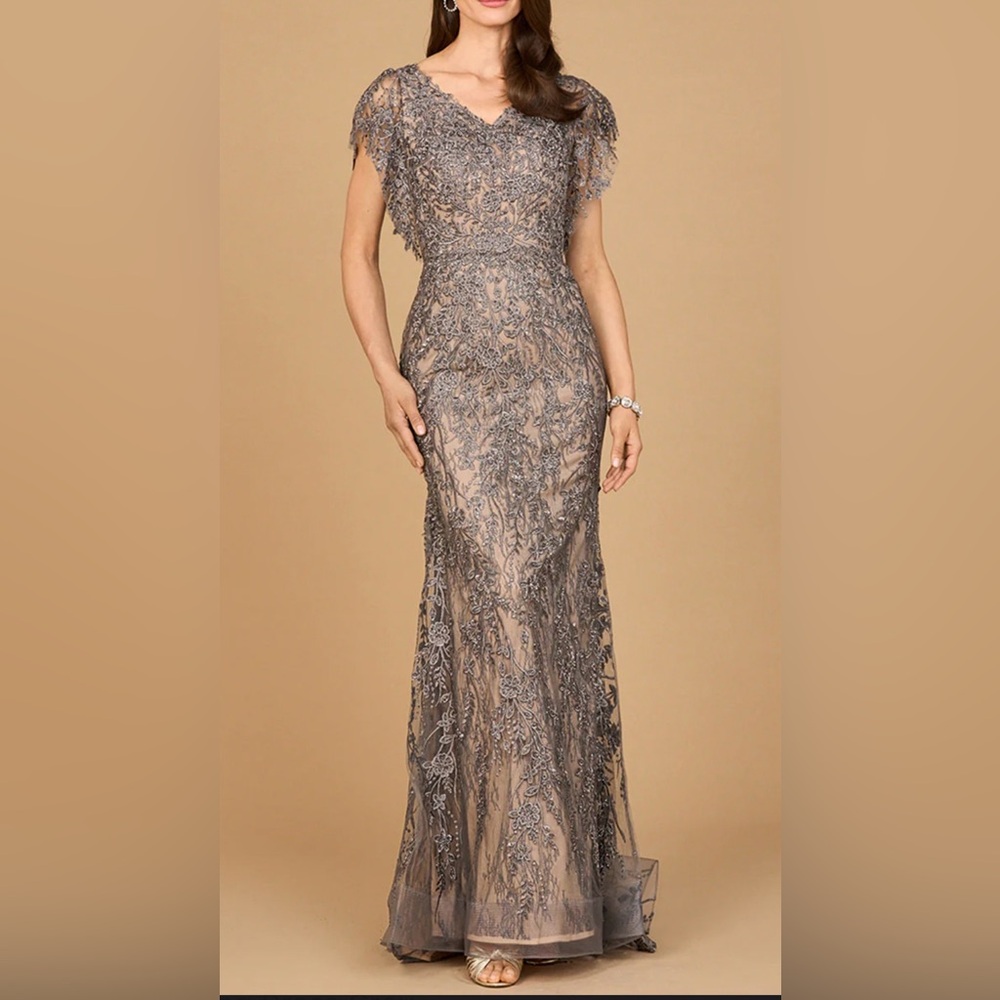 Lara Elegant Gray Lace Cap-Sleeve Mermaid Evening Gown • Formal / Prom